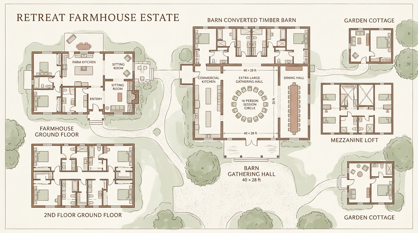 Hand-drawn sepia floor plan of the Cedarwick retreat farmhouse estate — the two-floor 1892 farmhouse, the converted timber barn with its 40 × 28 ft gathering hall, and the two garden cottages